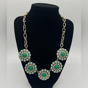 J.Crew Statement Necklace Turquoise Mint Green Floral Disc Gold Tone Necklace